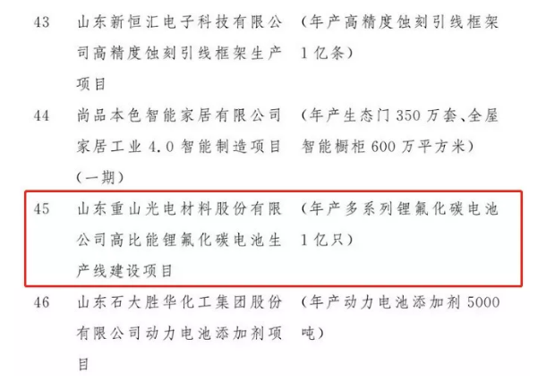 公司“年产多系列锂氟化碳电池1亿只”项目被列为2020年山东省重大建设项目